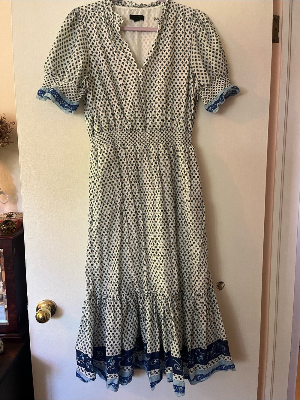 Blue & White Printed Midi Dress with Smocked Waist